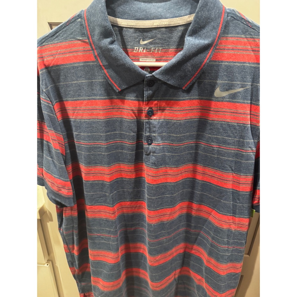 Nike Dri-Fit Mens XL Blue Red Stripe Golf Polo Shirt Performance Athletic